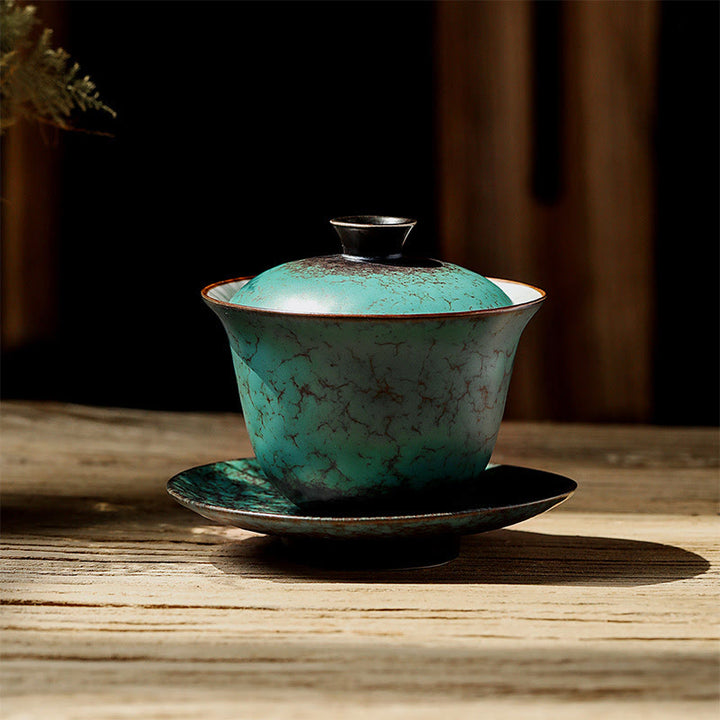 Taza de té y platillo de cerámica con esmalte verde Retro , Buddha Stones , Gaiwan Sancai, Kung Fu, con tapa