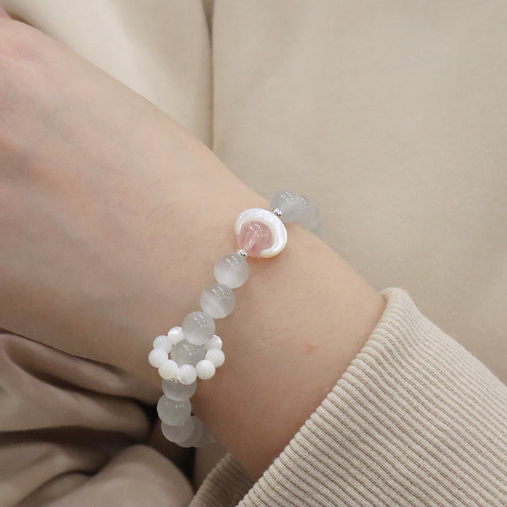 Pulsera de plata de ley 925 con Buddha Stones, amatista natural, aguamarina, cristal rosa, ojo de gato, luna creciente curativa