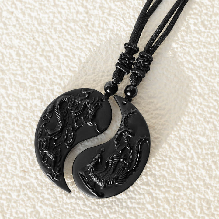 Buddha Stones Obsidiana Negra Yin Yang Dragón Fénix Suerte Collar Colgante - image 6