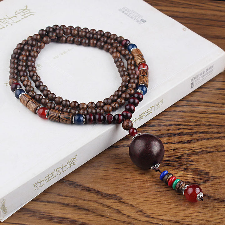 Buddha Stones, colgante de collar de paz de equilibrio de ágata de semilla Bodhi de madera de wengué tibetano