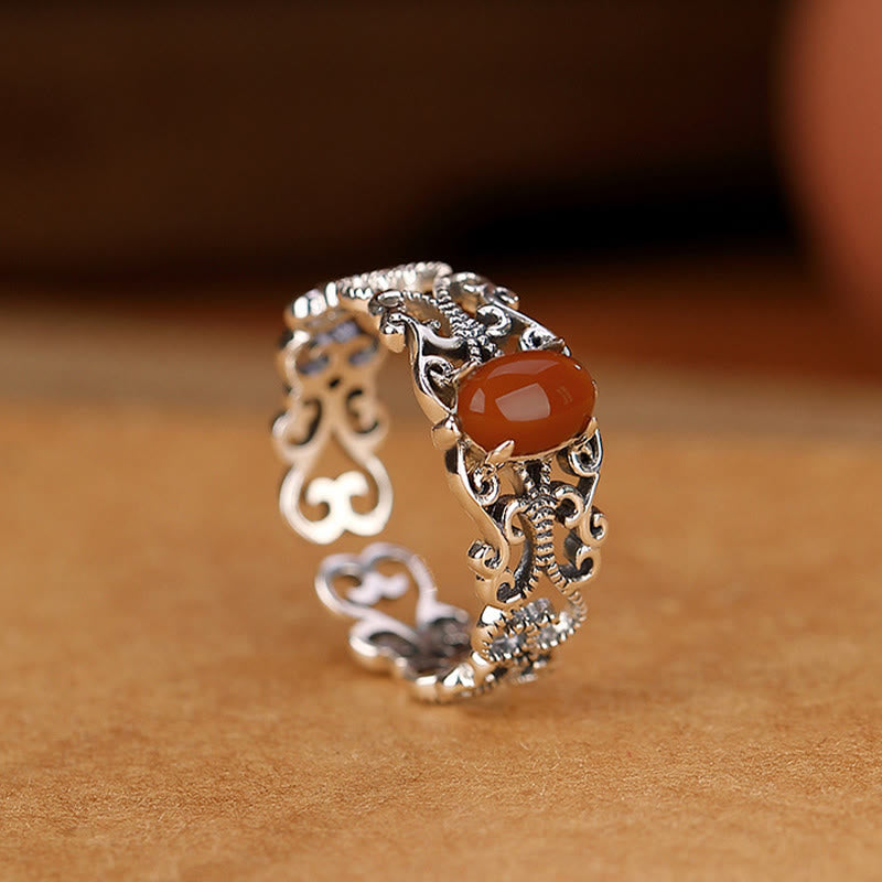 Anillo de calma de autoaceptación con ágata roja vintage de plata de ley 925 con Buddha Stones