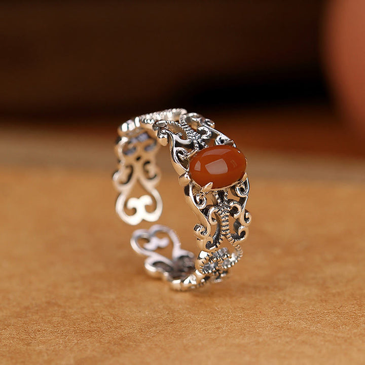 Anillo de calma de autoaceptación con ágata roja vintage de plata de ley 925 con Buddha Stones