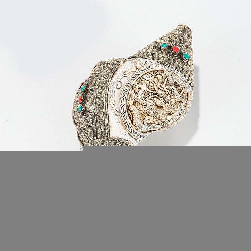 Concha de caracola Shankha Natural tibetana, concha marina, decoración del hogar de la suerte y la riqueza - Dragón tallado 26,5 x 14 cm - image 18