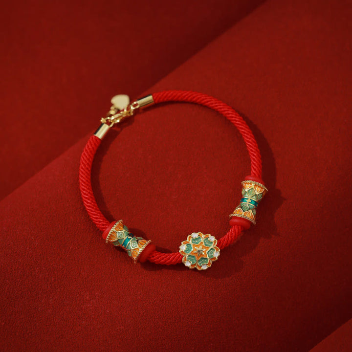 Pulsera de cuerda roja de nuevo comienzo con tambor de loto de Plata de Ley 925 de Buddha Stones Dunhuang