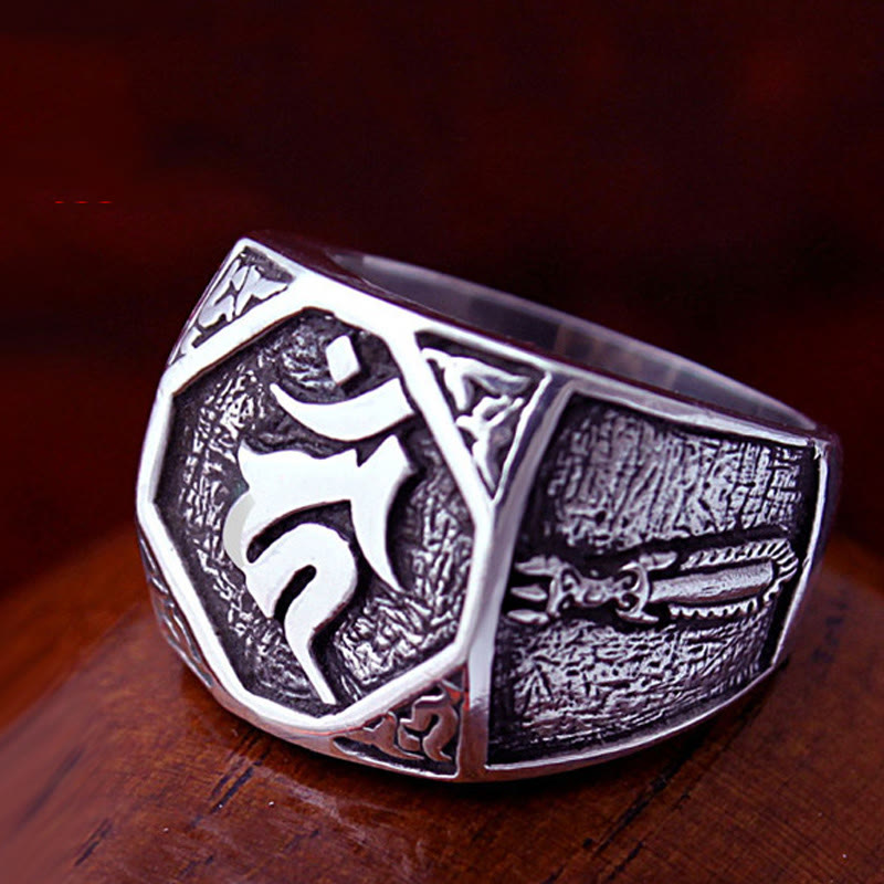 Anillo ajustable de protección tallada con diseño sánscrito de plata de ley 925 con Buddha Stones