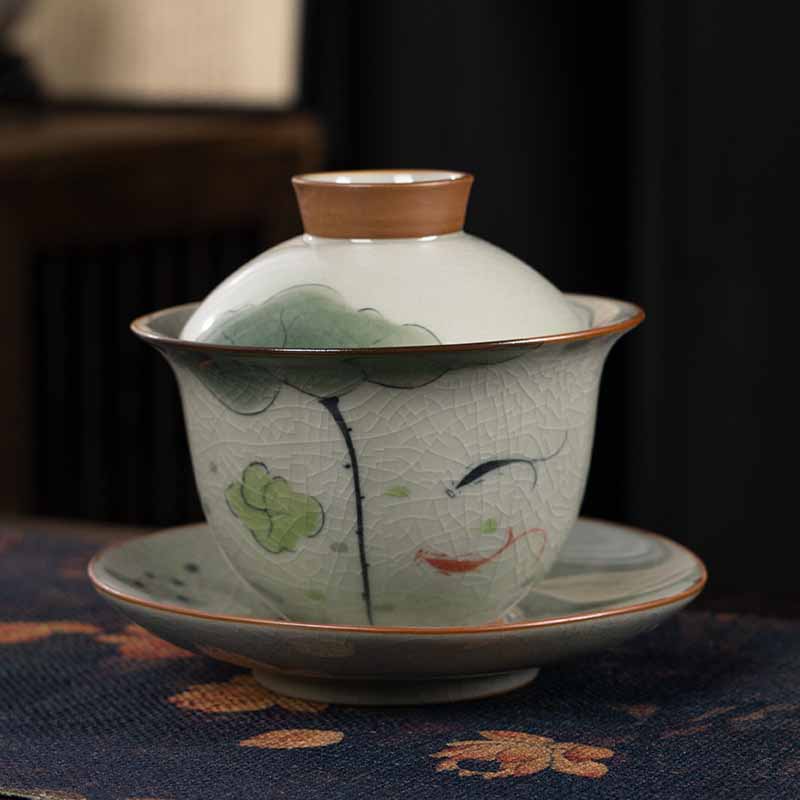 Buddha Stones, loto, pez Koi, hoja de vaina, taza de té de cerámica Gaiwan Sancai, taza de té de Kung Fu y platillo con tapa, 140ml