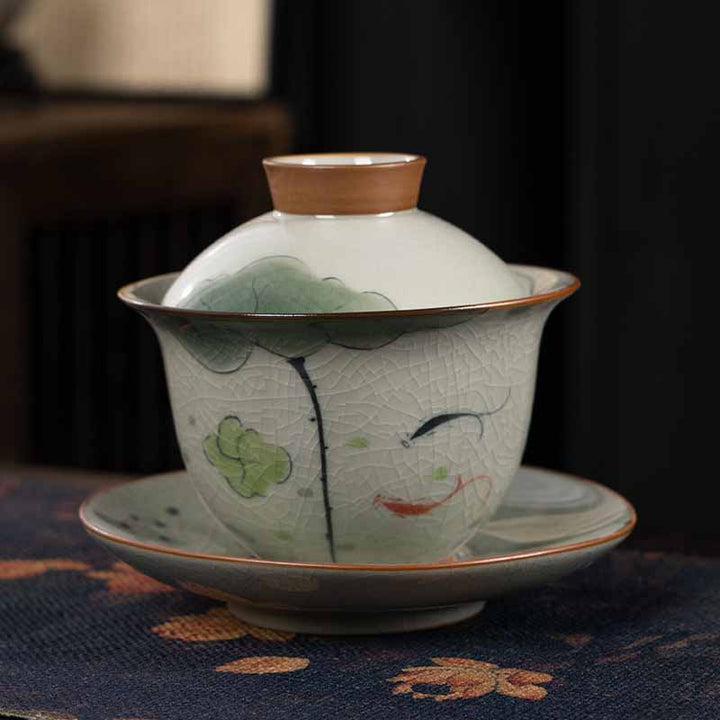Buddha Stones, loto, pez Koi, hoja de vaina, taza de té de cerámica Gaiwan Sancai, taza de té de Kung Fu y platillo con tapa, 140ml