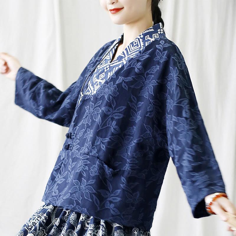 Chaqueta de manga larga con cuello en V y jacquard floral con Buddha Stones