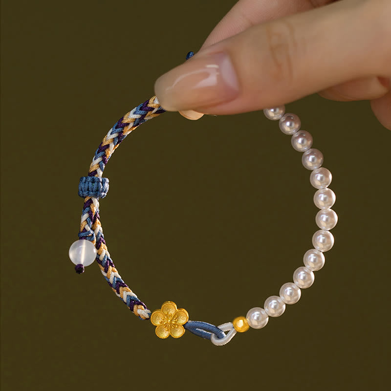 Pulsera de cuerda curativa de calcedonia con perlas de flor de melocotón de plata de ley 925 con Buddha Stones