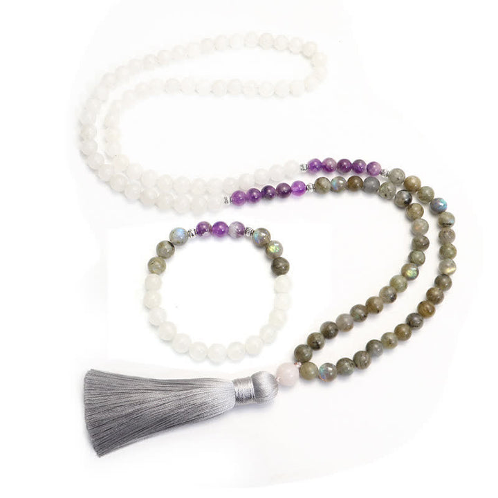Pulsera de protección de piedra con brillo negro, 108 cuentas Mala, ágata blanca, amatista