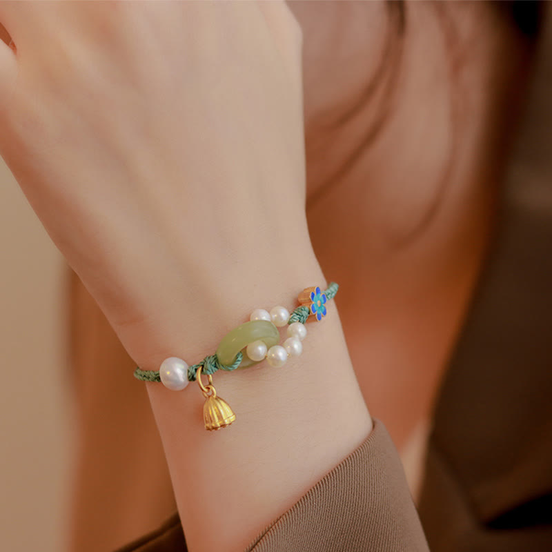 Pulsera trenzada hecha a mano con Buddha Stones, jade hetiano natural, hebilla de la paz, perla de la suerte