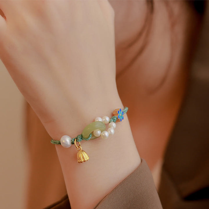 Pulsera trenzada hecha a mano con Buddha Stones, jade hetiano natural, hebilla de la paz, perla de la suerte