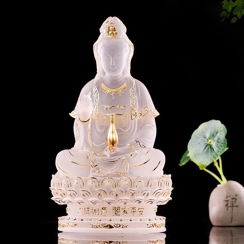Buddha Stones Kwan Yin Avalokitesvara, estatuilla hecha a mano, pieza de arte de cristal Liuli, estatua de riqueza, decoración para el hogar