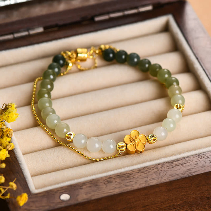 Pulsera de cadena de la suerte de flor de melocotón de jade hetiano natural de plata de ley 925 con Buddha Stones