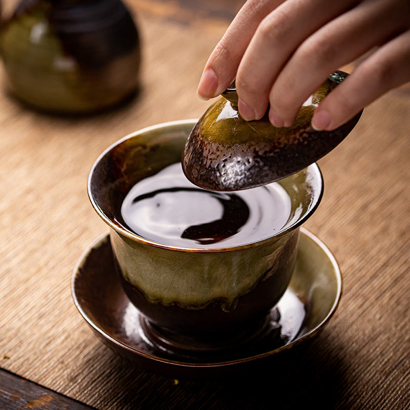 Buddha Stones Vintage marrón horno cambiar diseño porcelana cerámica Gaiwan Sancai taza de té Kung Fu y platillo con tapa