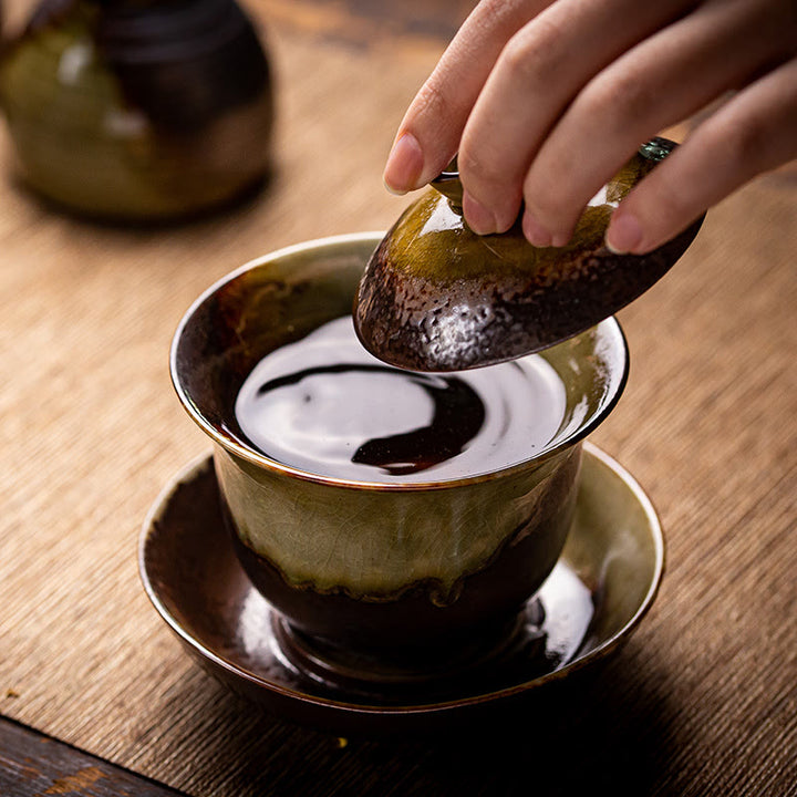Buddha Stones Vintage marrón horno cambiar diseño porcelana cerámica Gaiwan Sancai taza de té Kung Fu y platillo con tapa