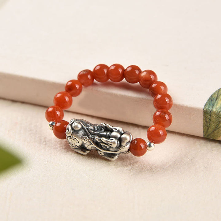 Buddha Stones Anillo de plata de ley 925 con piedra lunar granate natural, ágata roja, PiXiu