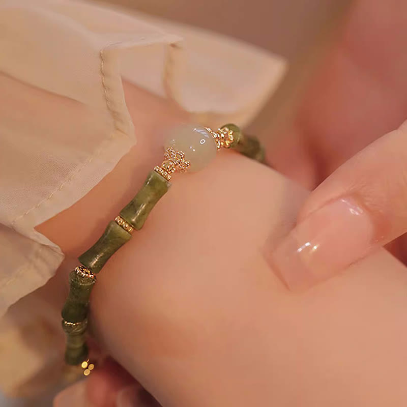Pulsera de la suerte con patrón de bambú de jade hetiano, peridoto chapado en cobre de 14 quilates con Buddha Stones