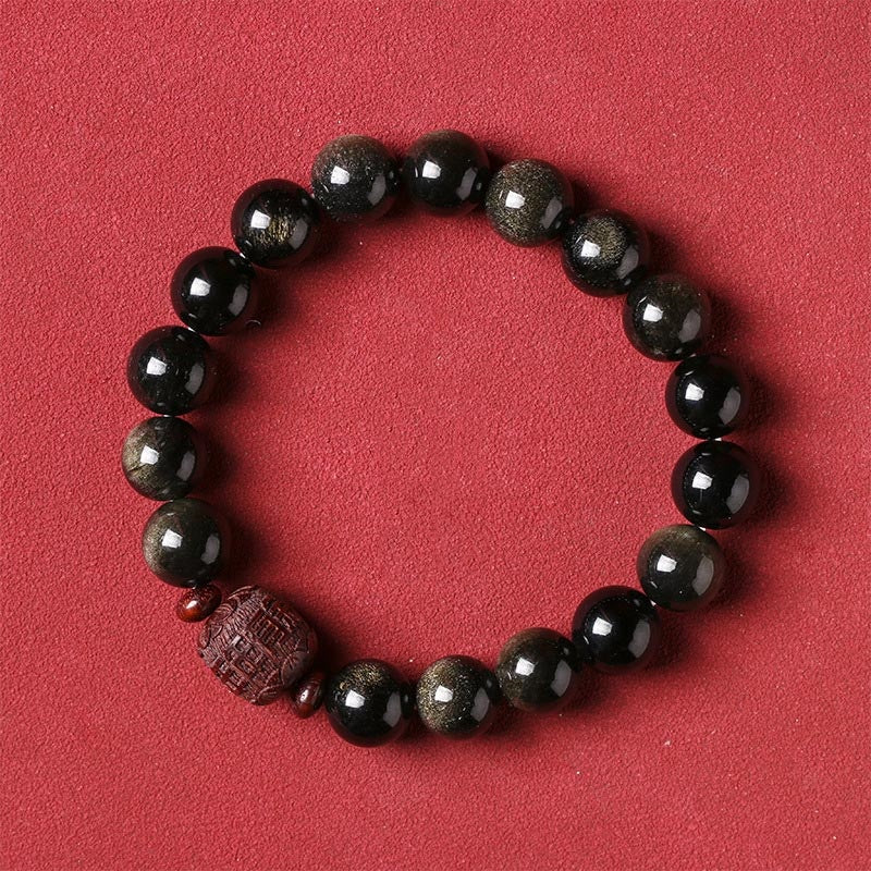 Pulsera curativa con carácter de obsidiana arcoíris de obsidiana con brillo de oro natural con Buddha Stones Om Mani Padme Hum Fu