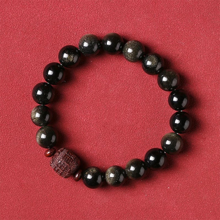 Pulsera curativa con carácter de obsidiana arcoíris de obsidiana con brillo de oro natural con Buddha Stones Om Mani Padme Hum Fu