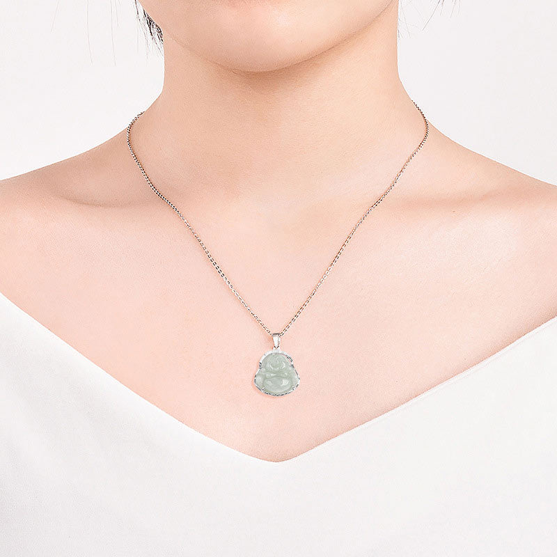 Collar con colgante de cadena de plata de ley 925 con Buddha Stones , Buda sonriente, jade, suerte y calma - image 3