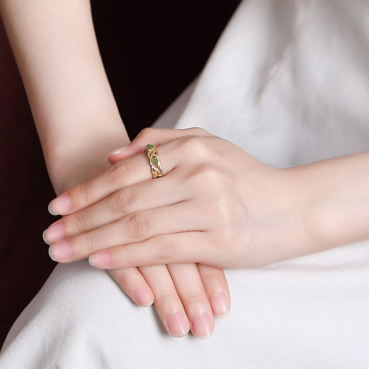 Anillo ajustable con diseño trenzado de jade cian y oro chapado en plata de ley 925 con Buddha Stones - image 4