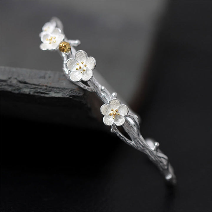 Pulsera ajustable con Buddha Stones de plata de ley 925 con flor de ciruelo y bendición