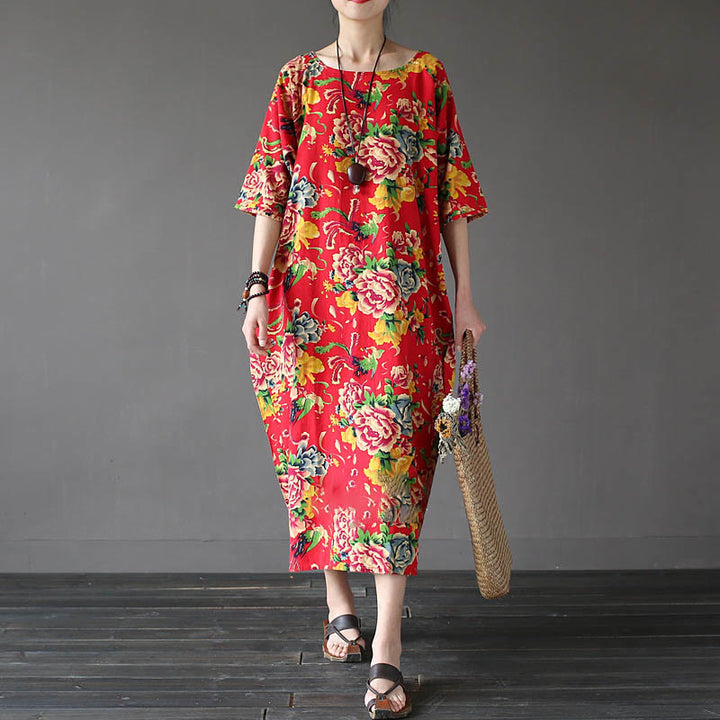 Vestido midi con estampado de flores de peonía roja y Buddha Stones Vestido de lino y algodón de media manga