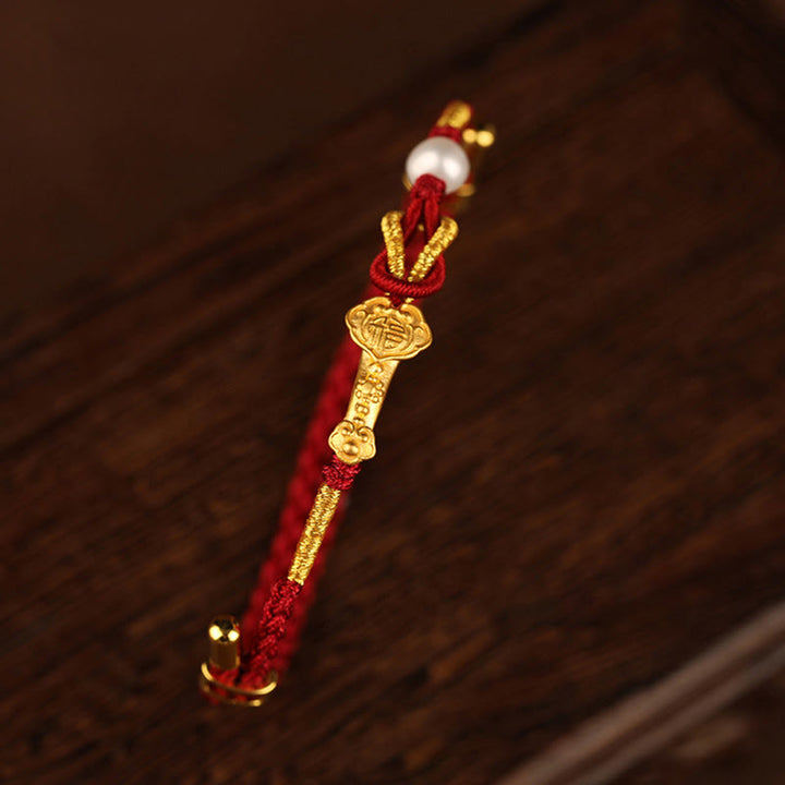 Pulsera trenzada de la suerte con perlas de conejo y mango de Ruyi del deseo de oro de 24 quilates con Buddha Stones - image 3