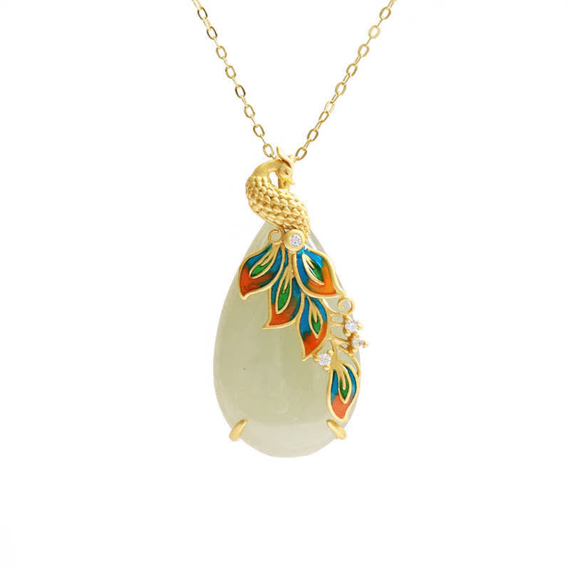 Colgante de cadena de collar de protección de pavo real de jade blanco