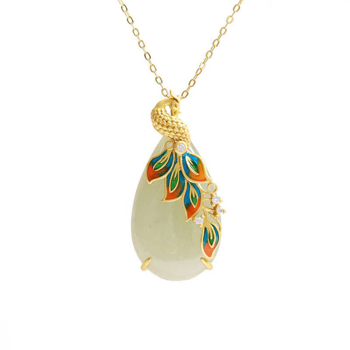 Colgante de cadena de collar de protección de pavo real de jade blanco