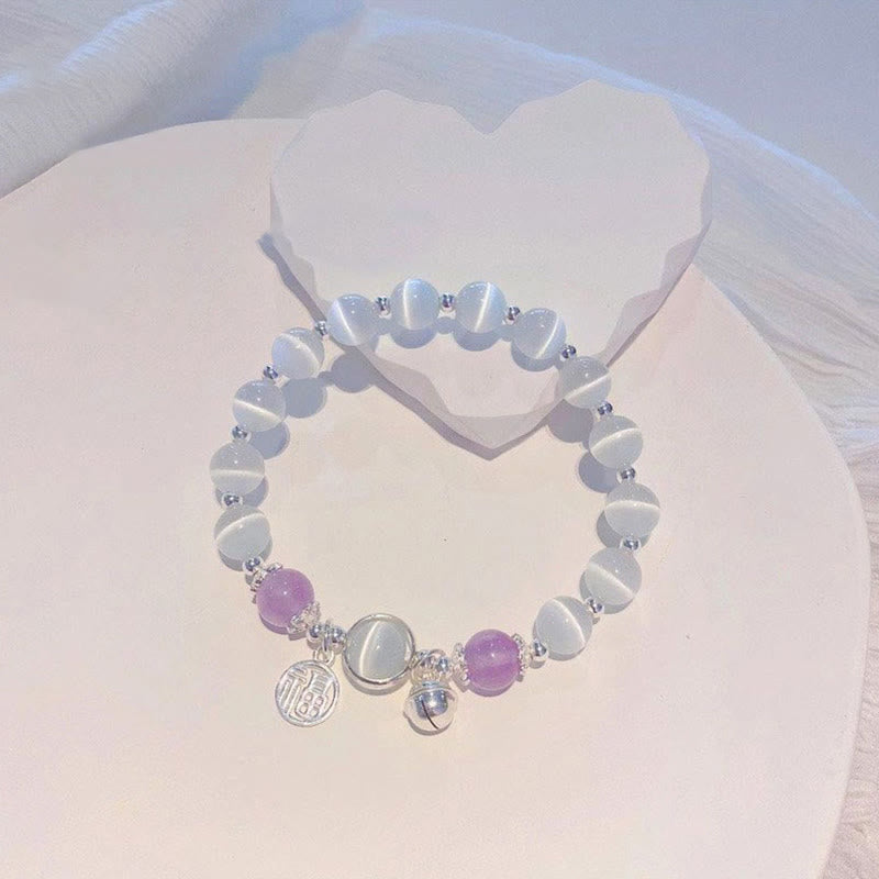Pulsera de soporte con dije de campana con personaje Fu de amatista y ojo de gato con Buddha Stones