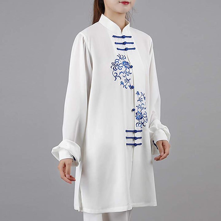 Buddha Stones Conjunto de ropa unisex para práctica de meditación, oración, tai chi y qigong con bordado de flores - image 5