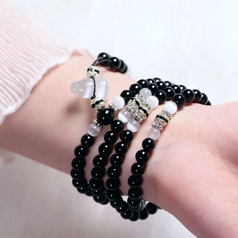 Pulsera de meditación con cuentas de cristal blanco de ónix negro