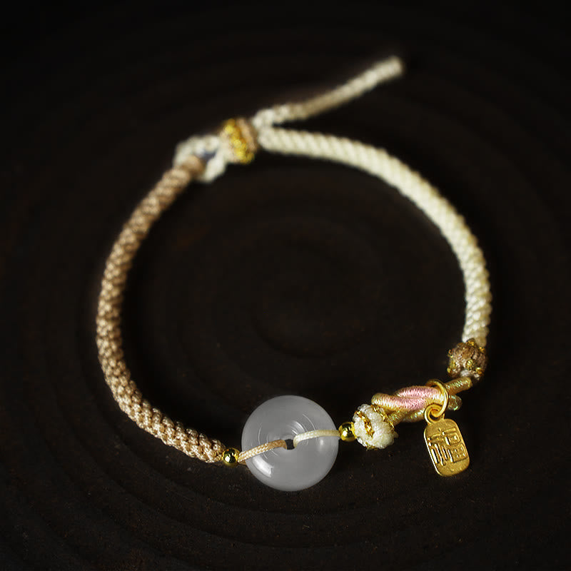 Pulsera de cuerda tejida hecha a mano de ágata blanca con hebilla de paz y suerte y protección