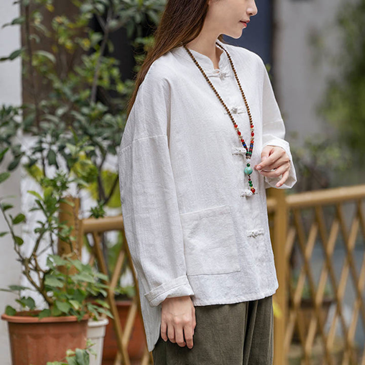 Camisa con diseño de botones de rana y Buddha Stones , ropa superior para meditación de Tai Chi, chaqueta de lino de ramio