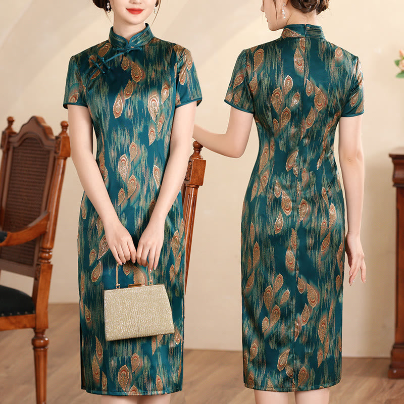 Vestido Cheongsam para mujer con estampado de plumas de peonía y flor de loto Retro con Buddha Stones - Pluma verde - US16, UK/AU20, EU48 (5XL) - image 19