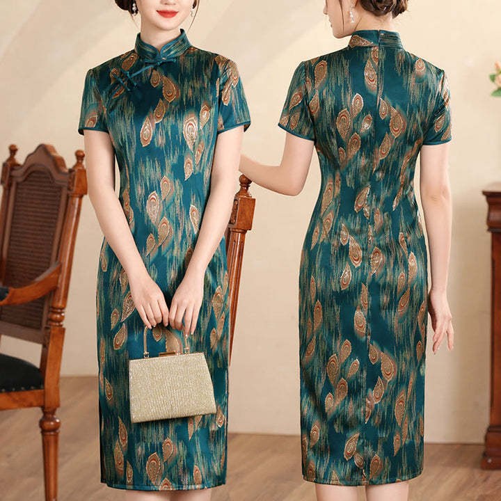 Vestido Cheongsam para mujer con estampado de plumas de peonía y flor de loto Retro con Buddha Stones - Pluma verde - US16, UK/AU20, EU48 (5XL) - image 19