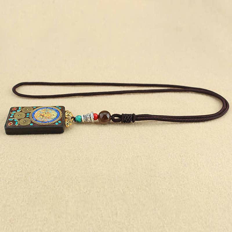 Colgante de collar de paz de ébano Thangka, dios de la riqueza del Tíbet, Buddha Stones