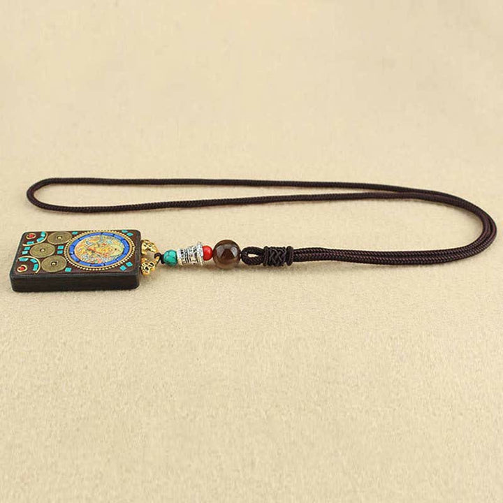 Colgante de collar de paz de ébano Thangka, dios de la riqueza del Tíbet, Buddha Stones