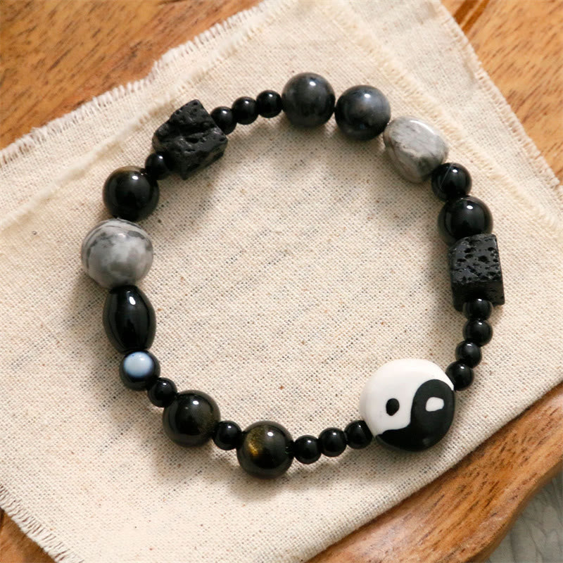 Pulsera de protección de la fortuna Yin Yang con cuentas de jaspe Picasso de ónix negro y Buddha Stones