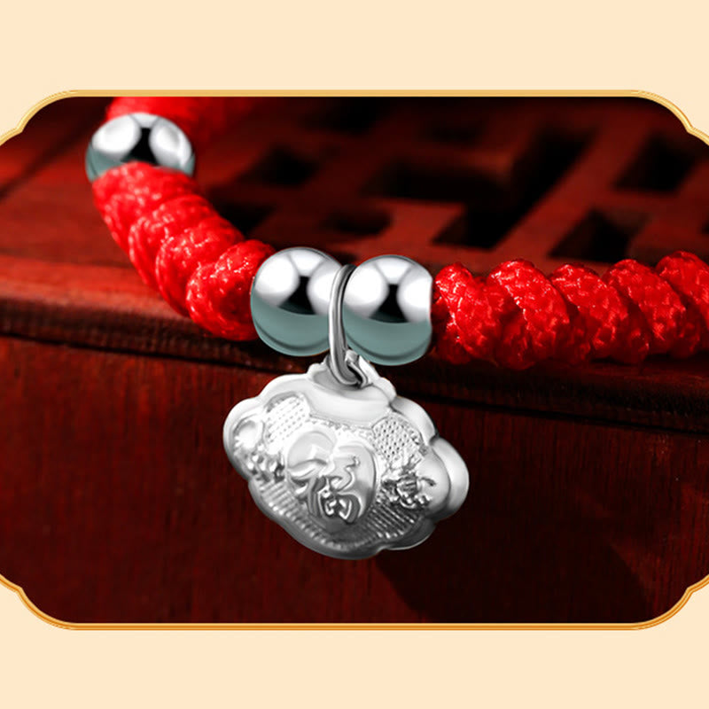 Buddha Stones Plata de ley 925 Hecha a mano Personaje Fu Bolsa de dinero de la suerte Candado chino Campana Loto Moneda de cobre Nudo King Kong Pulsera trenzada para niños