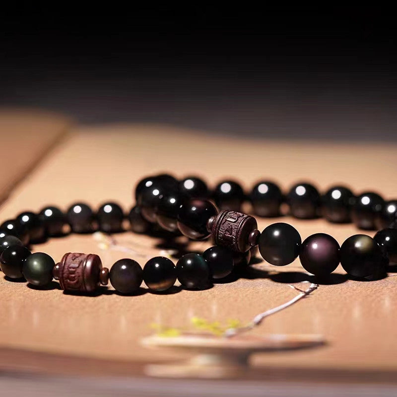 Pulsera curativa con carácter de obsidiana arcoíris de obsidiana con brillo de oro natural con Buddha Stones Om Mani Padme Hum Fu