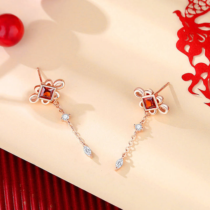 Juego de pendientes y pulsera con colgante de circonita roja, Plata de Ley 925 con Buddha Stones , anudado chino
