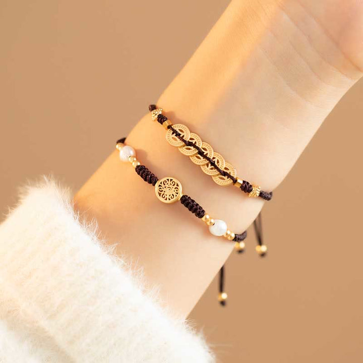 Pulsera trenzada de fuerza de la suerte del árbol de la fortuna de la moneda de cobre de las Buddha Stones