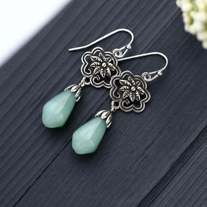 Pendientes colgantes de prosperidad con Buddha Stones, flor de magnolia, jade, gota de agua