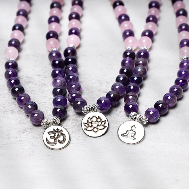 Pulsera con colgante de loto con cuentas Mala de cuarzo rosa natural y amatista con Buddha Stones