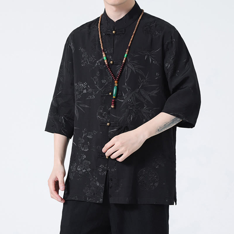 Camiseta china de media manga con botones de rana y hojas de bambú, flor de melocotón, Buddha Stones , camiseta para hombre