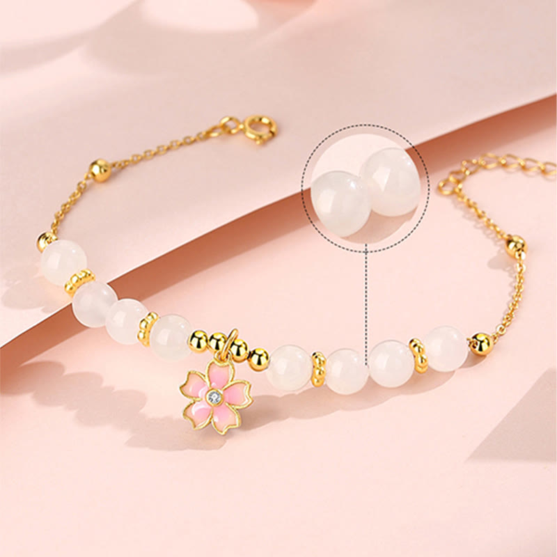 Pulsera de protección de flor de cerezo de jade blanco hetiano de plata de ley 925 con Buddha Stones