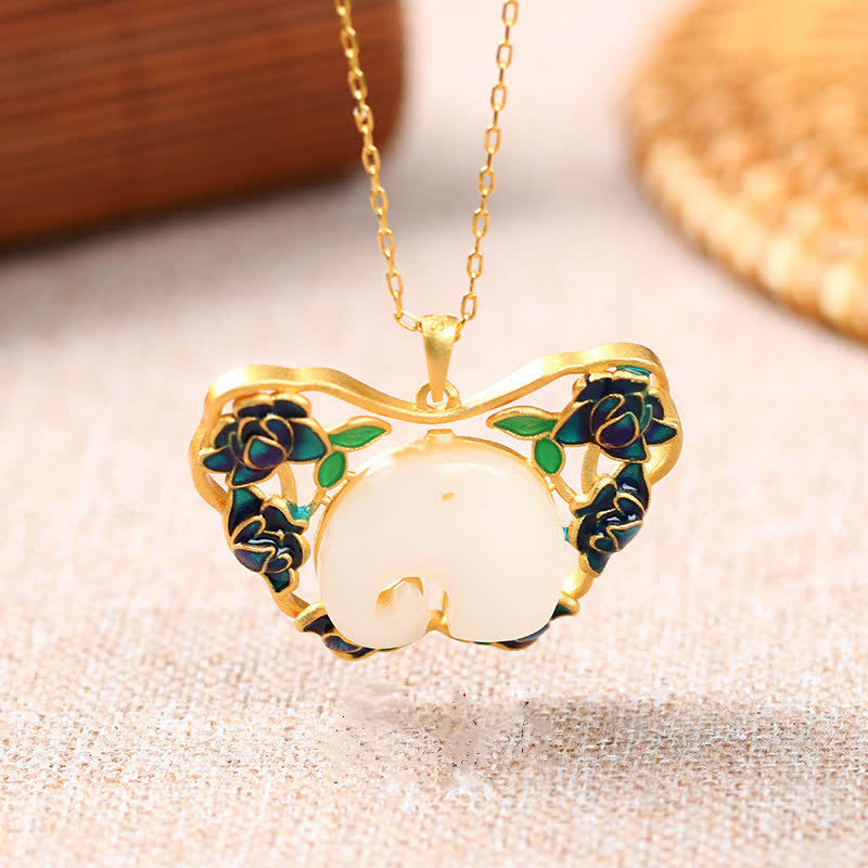 Colgante de cadena de collar de éxito de loto de mariposa de elefante de jade blanco